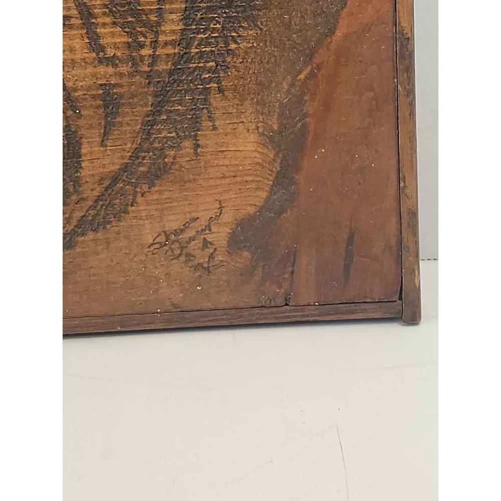 Signed Shane Davenport Bobcat Pyrography Wood Plaque‎ Tabletop Cabin Decor